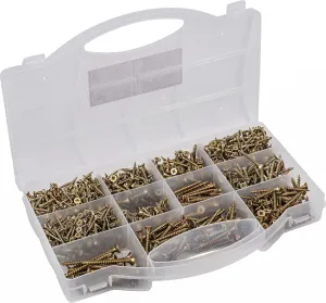 DP8500131 Universal Screw Assortment 900 Pieces Various Sizes Countersunk Head PZ Pozidriv Drive Full Thread Yellow Galvanised Screw Set Assortment Box