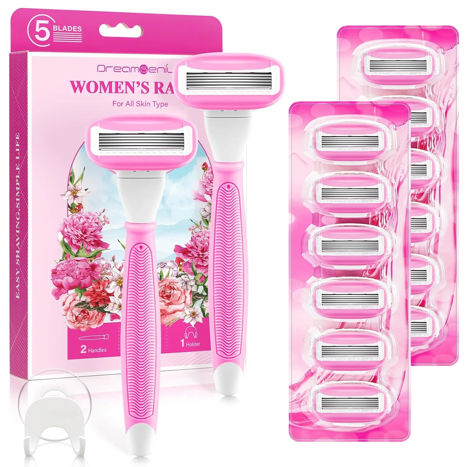 DreamGenius Razors for Women Include 2 Non-Slip Handles and 14 Blade Refills with a Shower Holder, 5 Premium Blades Women's Razors for Shaving with 360° Lubrication Reduces Irritation, Pink