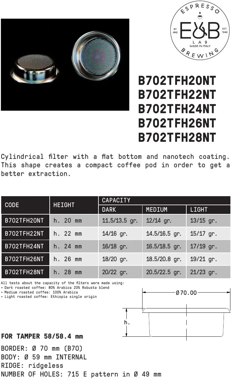 E&B Lab, by IMS Nanoquartz Precision Basket with largest filtration area of 715 holes. 22 gram. B702TFH28NT (22)
