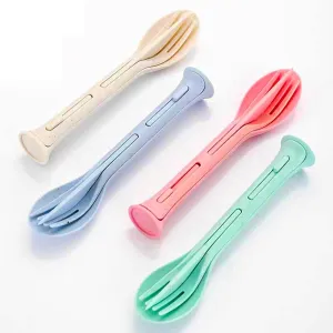 Eco-Friendly Wheat Straw 3-in-1 Cutlery Set (4 Colors) - Reusable Spoon, Fork, Knife for Kids & Adults, Perfect for Travel, Picnic, Camping