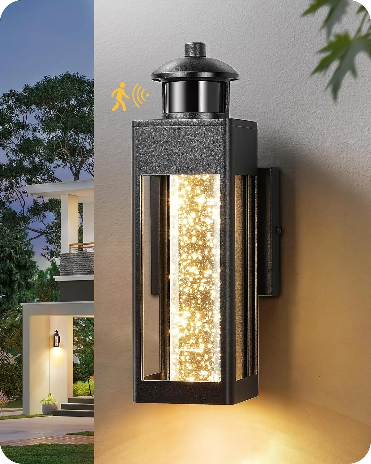 EDISHINE Motion Sensor Outdoor Wall Lights, Dusk to Dawn Exterior Lighting Fixture with Crystal Bubble Glass, LED Outdoor Porch Light Wall Mount, Outside Wall Sconce Lantern for Front Door 1100 Lumen