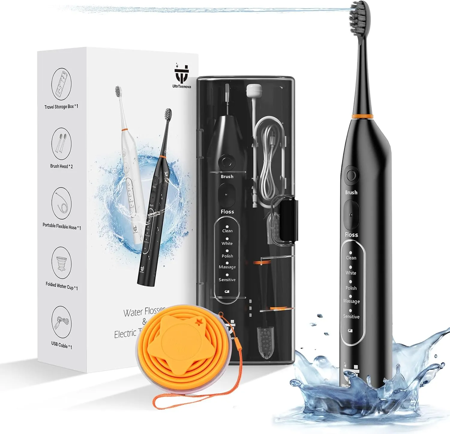 Electric Toothbrush with Water Flosser 2-in-1 Water Flosser Combo with 6 Modes Compact Size Sonic Toothbrush with Case Timer 2 Brush Heads Portable for Travel and Home Black
