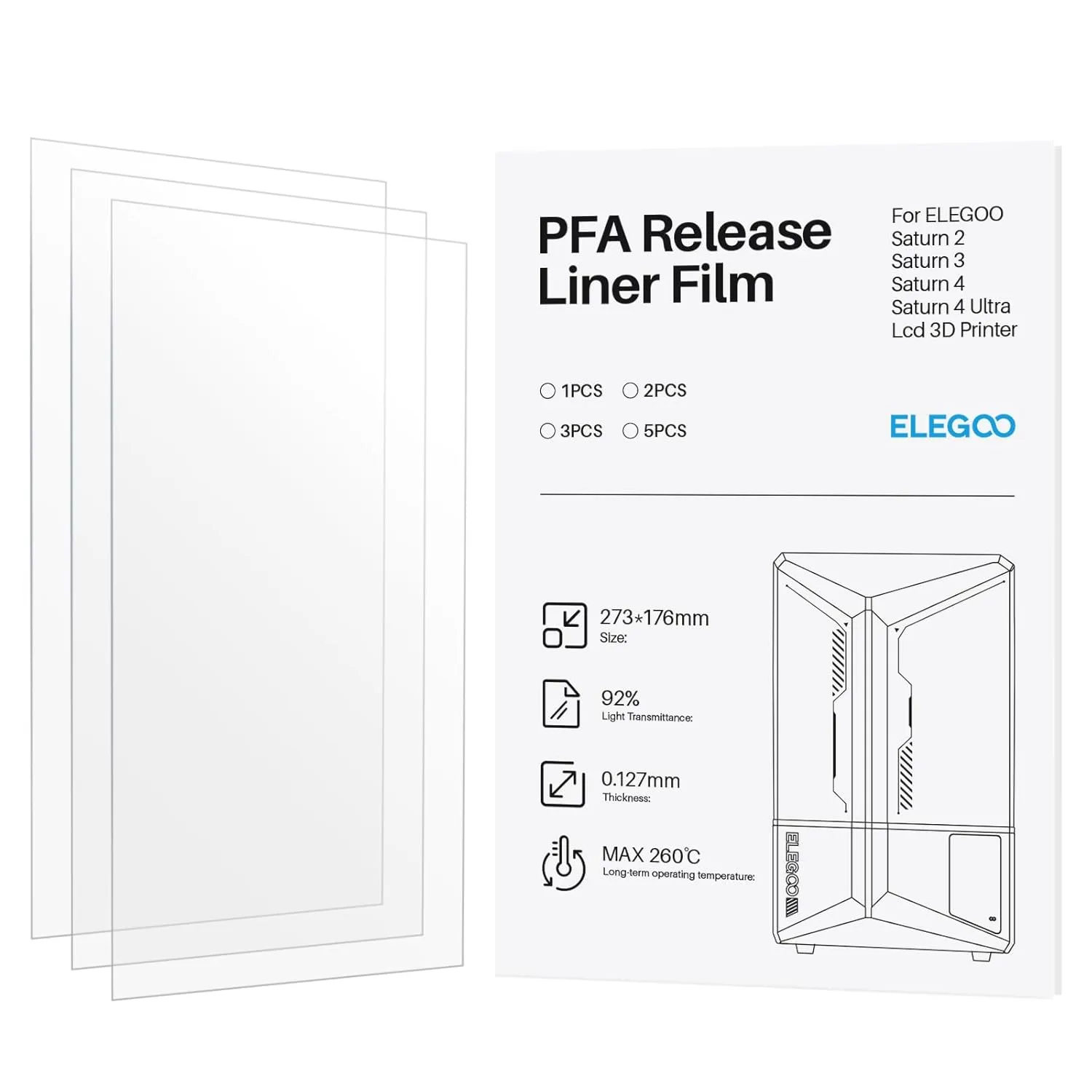 ELEGOO 3 PCS PFA Release Liner Film 2.0 For ELEGOO Saturn 4, Saturn 4 Ultra, Saturn 3, Saturn 2 and Saturn 8K Resin 3D Printer, 273 x 176 mm