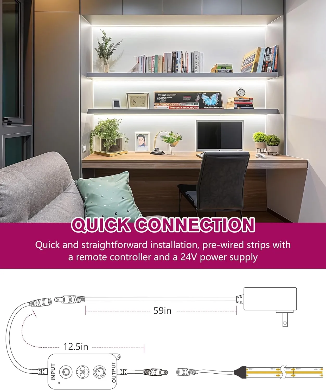 EMITEVER COB LED Strip Lights Kit White with Remote & 24V Power Supply,16.4ft Dimmable Tape Light 5000K, High Density 2400LEDs, 300 LM/FT, CRI90 , UL Listed for Bedroom Kitchen Cabinet Lighting