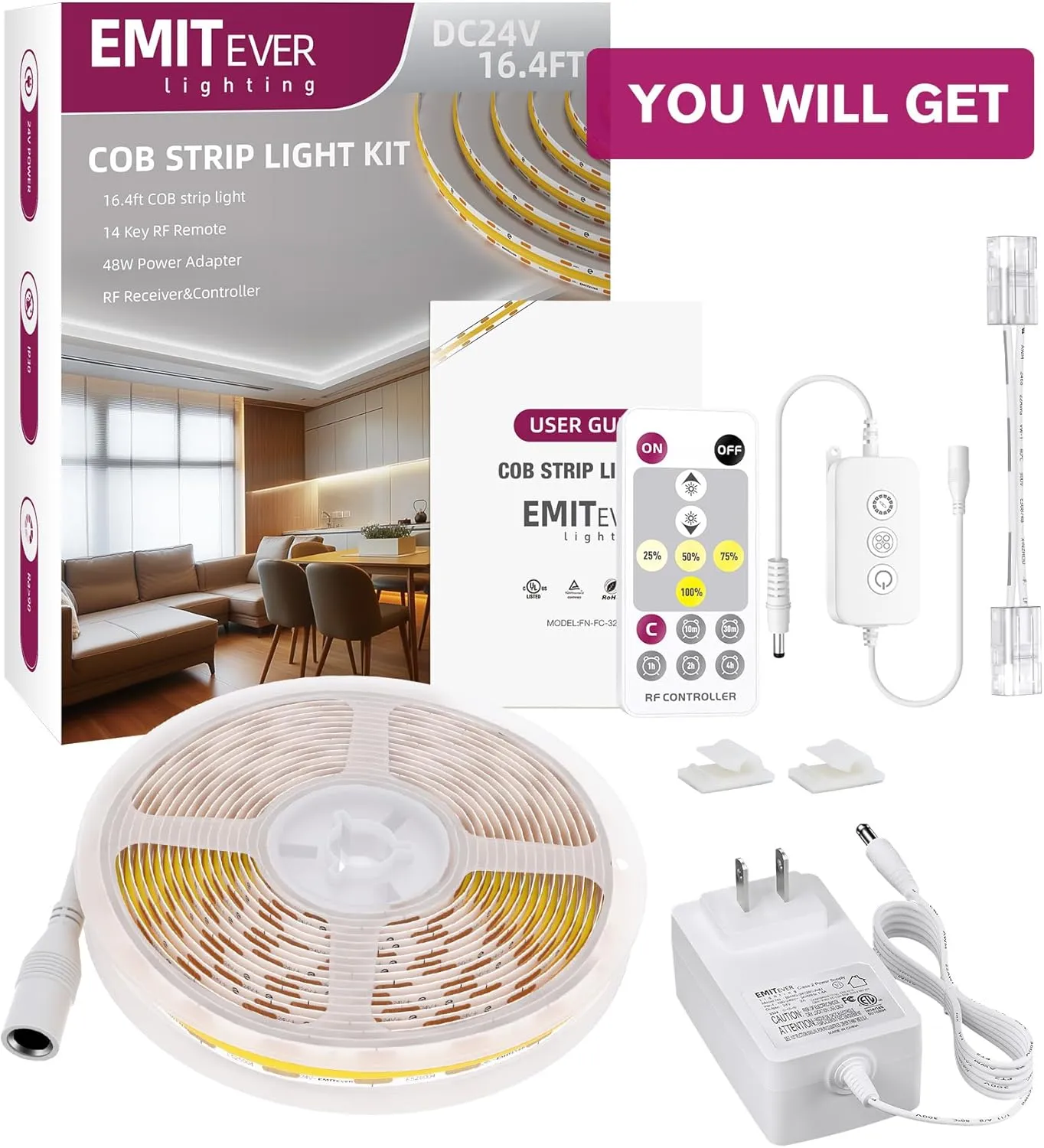 EMITEVER COB LED Strip Lights Kit White with Remote & 24V Power Supply,16.4ft Dimmable Tape Light 5000K, High Density 2400LEDs, 300 LM/FT, CRI90 , UL Listed for Bedroom Kitchen Cabinet Lighting