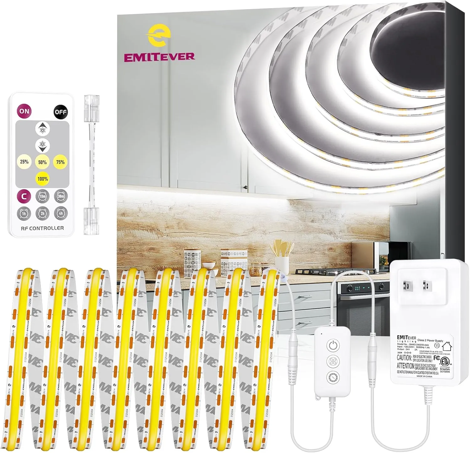 EMITEVER COB LED Strip Lights Kit White with Remote & 24V Power Supply,16.4ft Dimmable Tape Light 5000K, High Density 2400LEDs, 300 LM/FT, CRI90 , UL Listed for Bedroom Kitchen Cabinet Lighting