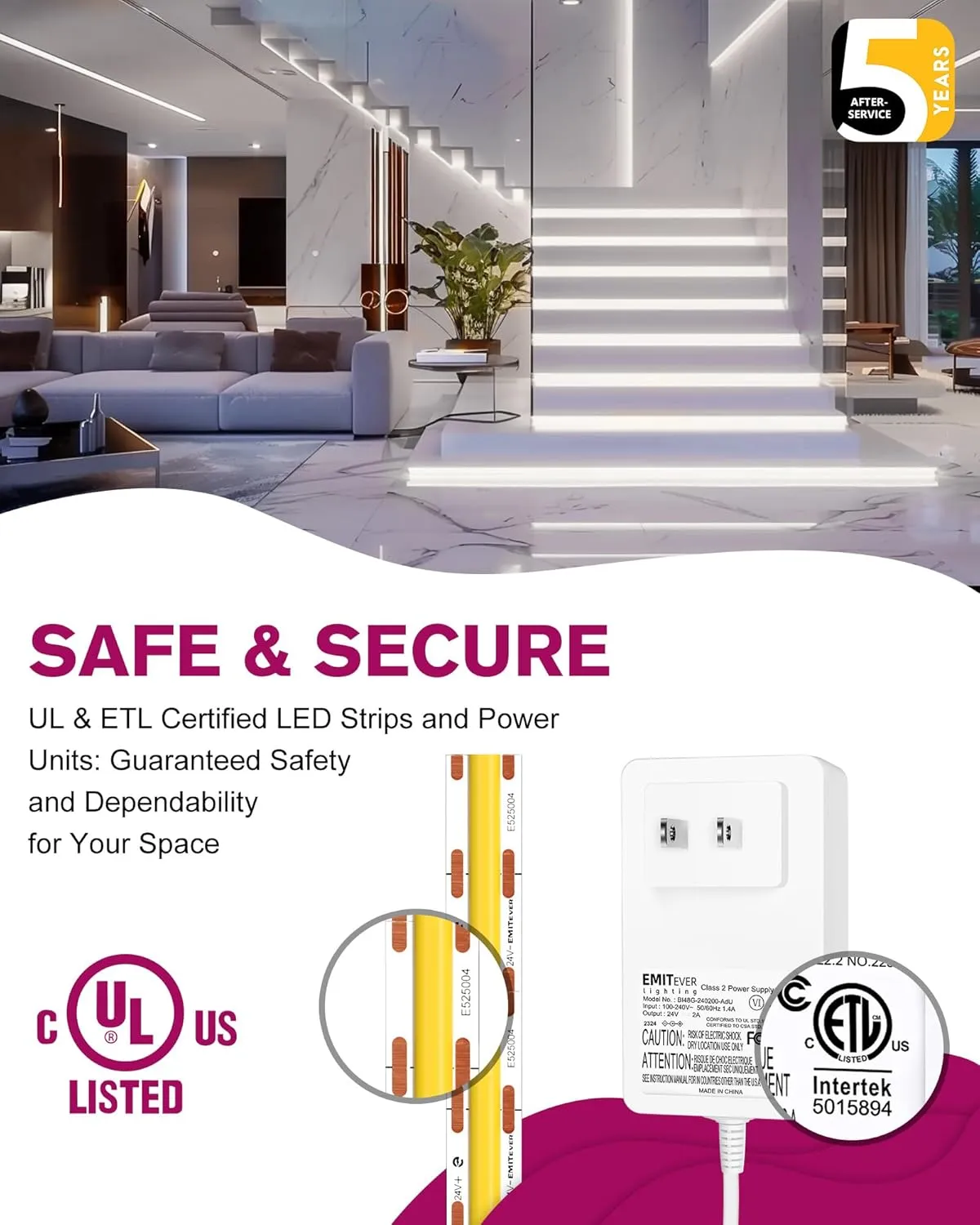 EMITEVER COB LED Strip Lights Kit White with Remote & 24V Power Supply,16.4ft Dimmable Tape Light 5000K, High Density 2400LEDs, 300 LM/FT, CRI90 , UL Listed for Bedroom Kitchen Cabinet Lighting
