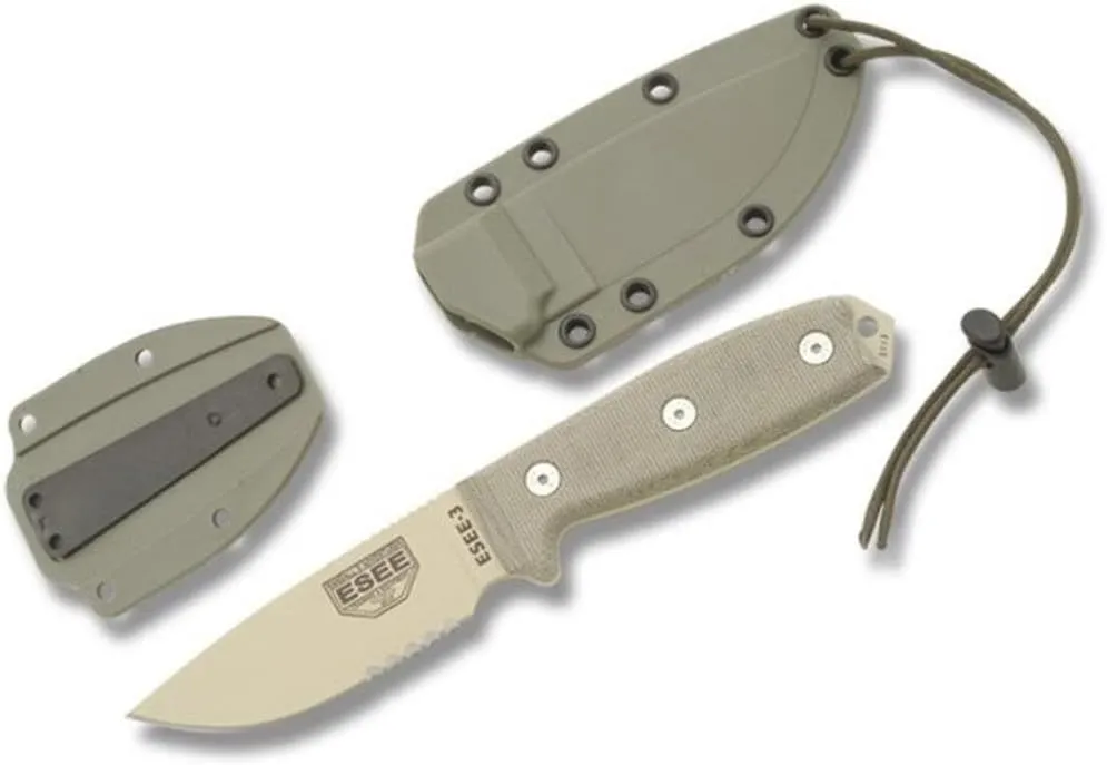 ESEE -3 Serrated Edge Blades & Micarta Handles with OD Green Sheath, Desert Tan