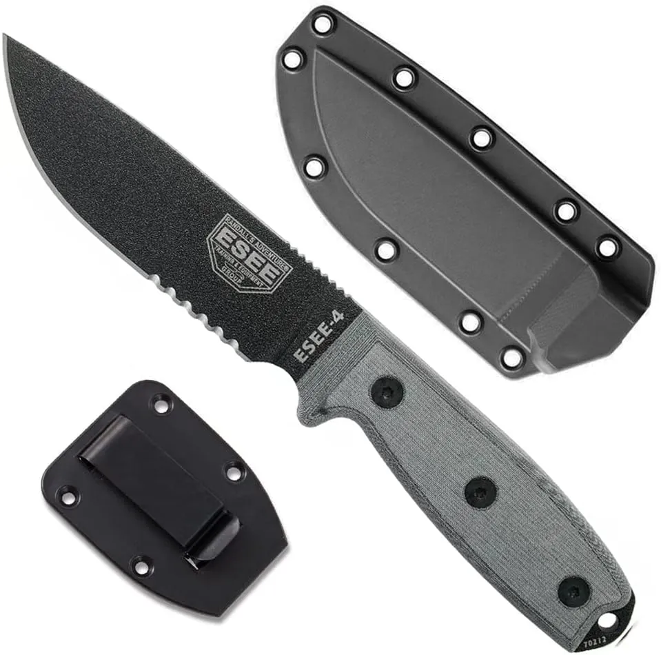 ESEE Knives Model 4S Survival Knife – Serrated Edge, Fixed Blade Knife, Includes Sheath - Field Tested, Made in the USA