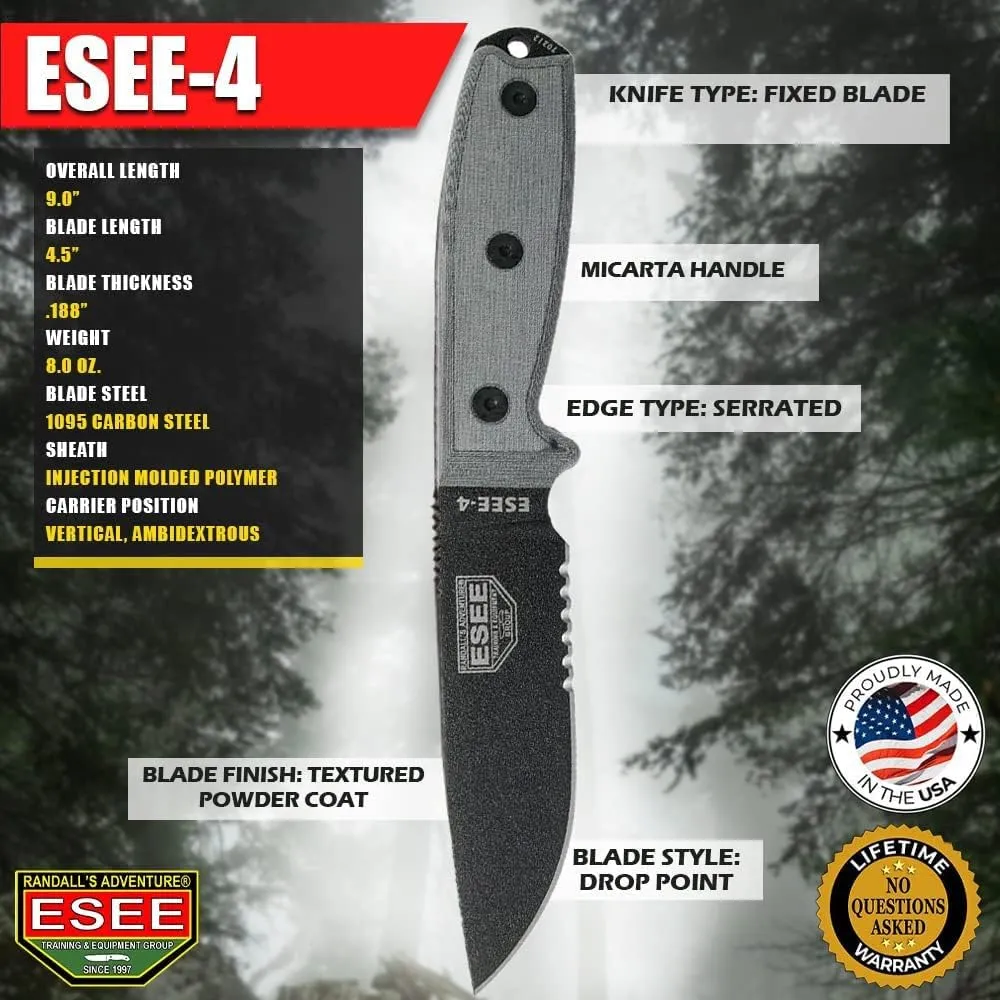 ESEE Knives Model 4S Survival Knife – Serrated Edge, Fixed Blade Knife, Includes Sheath - Field Tested, Made in the USA