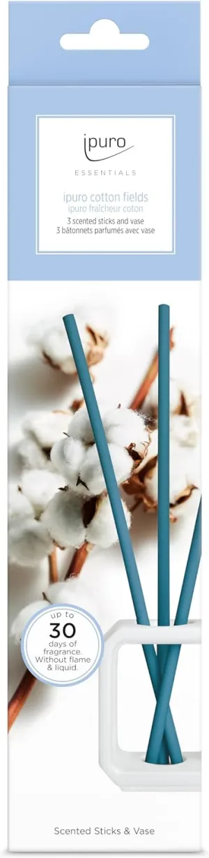 Essentials Scented Stick Cotton Fields Set with White Vase, Room Freshener, Room Fragrance with Gentle, Powdery Fragrance & Elegant Ceramic Vase, Long-Lasting Fragrance Without Liquid, Wood