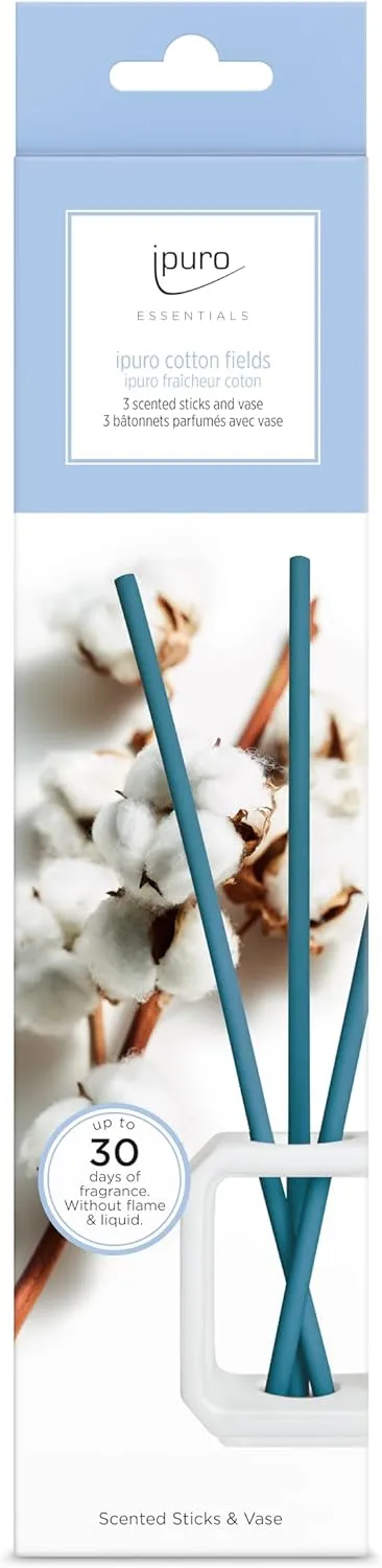 Essentials Scented Stick Cotton Fields Set with White Vase, Room Freshener, Room Fragrance with Gentle, Powdery Fragrance & Elegant Ceramic Vase, Long-Lasting Fragrance Without Liquid, Wood