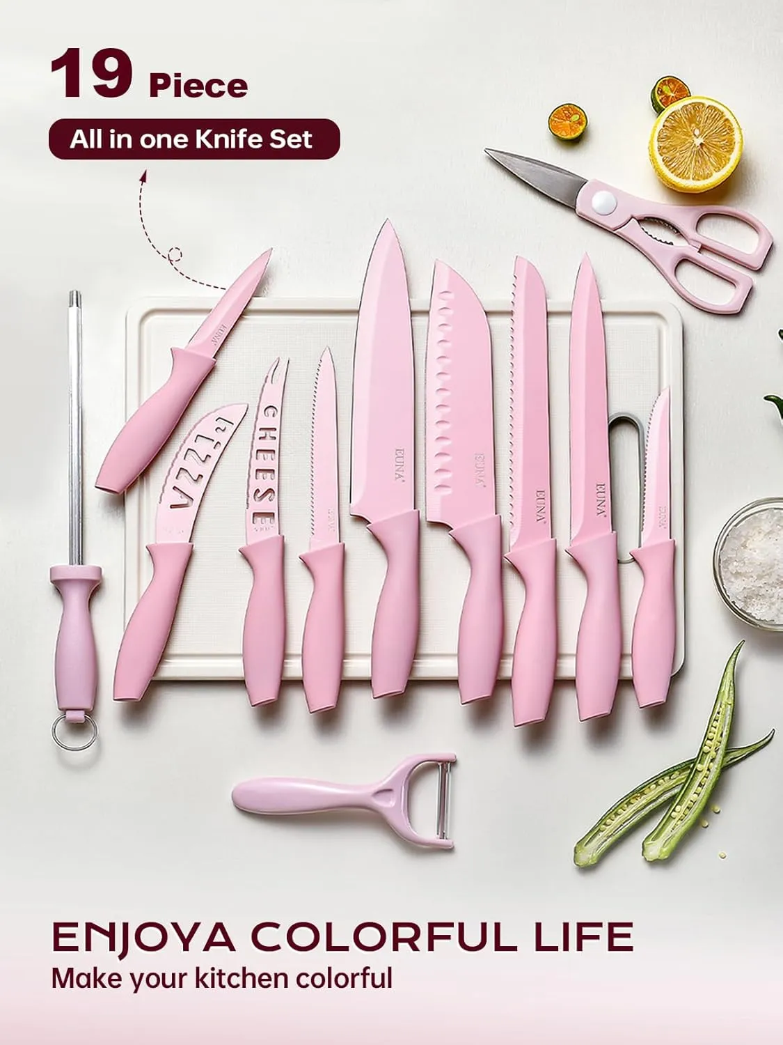 EUNA Knife Block Set, 19 PCS Kitchen Knife Set with Acrylic Block and Sharpener, German High-Carbon Stainless Steel Knife Sets with 6 Serrated Steak Knives, Bread Knife, Chef Knife, Rust-Proof