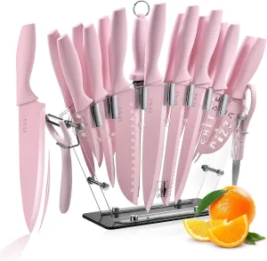 EUNA Knife Block Set, 19 PCS Kitchen Knife Set with Acrylic Block and Sharpener, German High-Carbon Stainless Steel Knife Sets with 6 Serrated Steak Knives, Bread Knife, Chef Knife, Rust-Proof