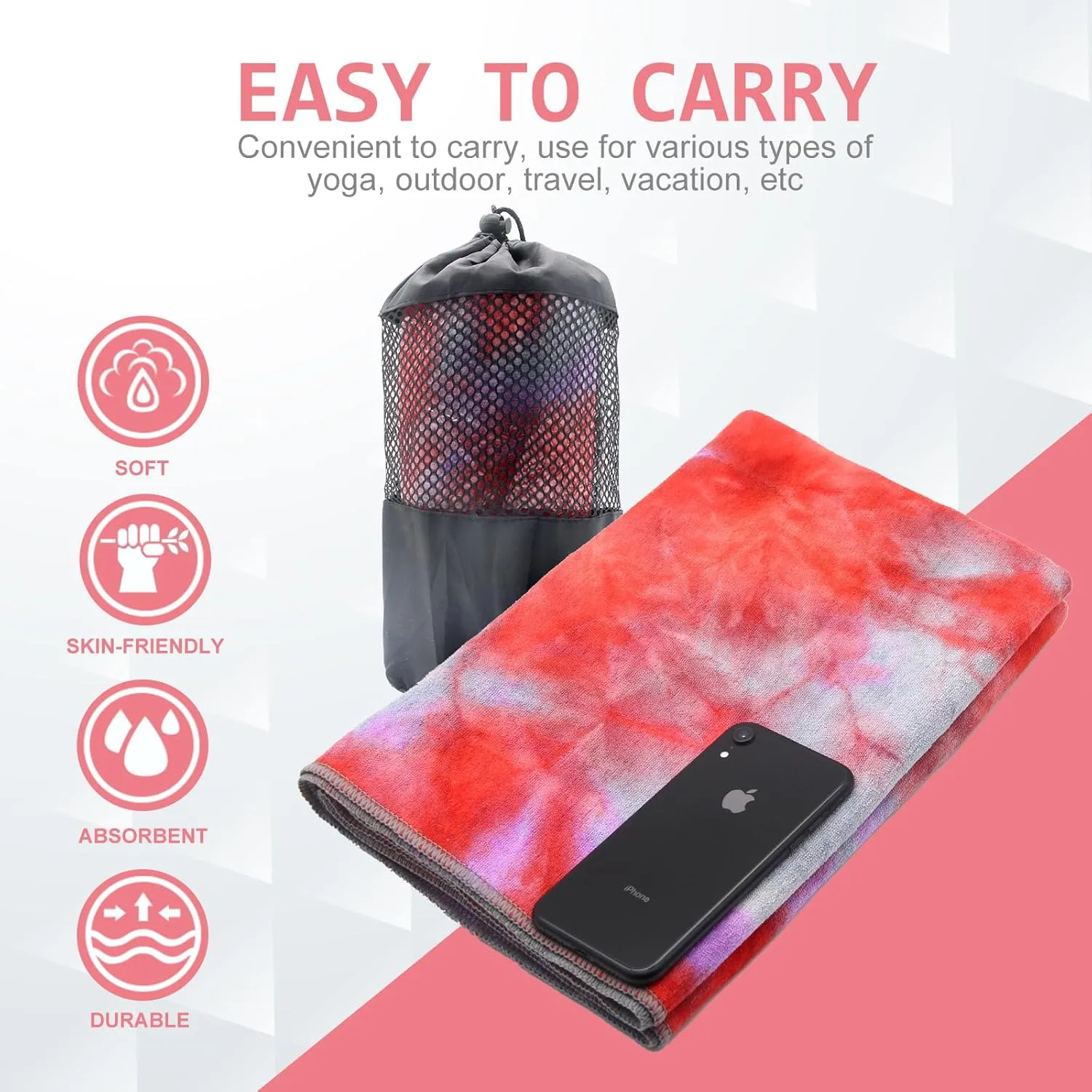 Eunzel Yoga Towel,Hot Yoga Mat Towel with Grip Dots Sweat Absorbent Non-Slip for Hot Yoga, Pilates and Workout 24" x72", Red & Gray