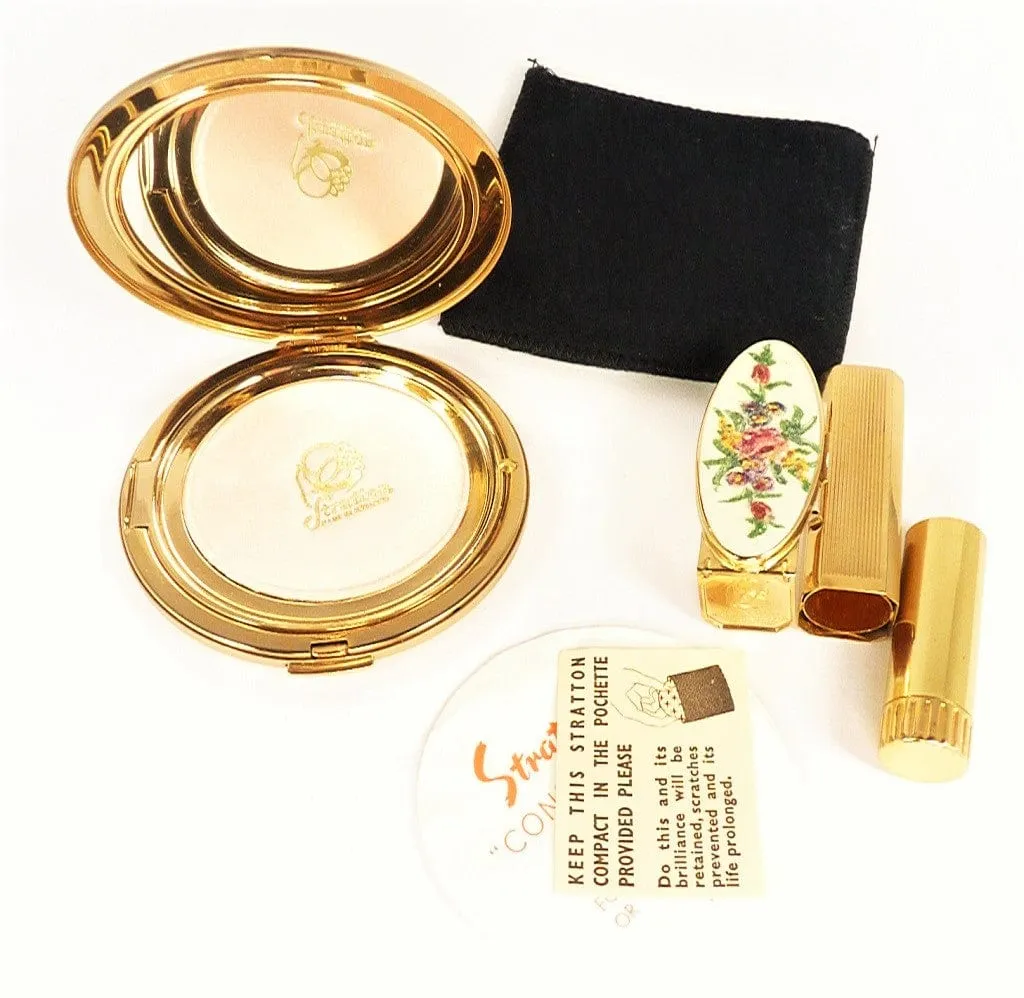 Exceptionally Rare Unused Vintage Stratton Ballotini Compact And Lipstick Vanity Set 1960s
