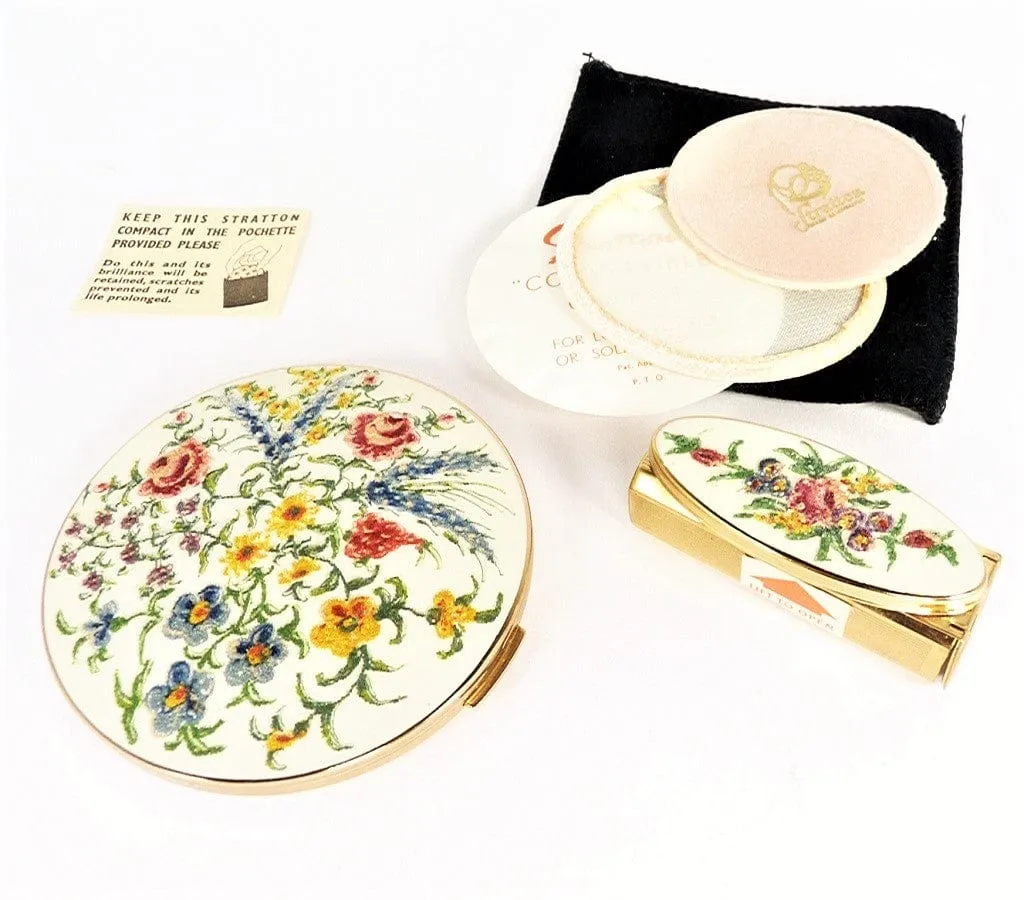 Exceptionally Rare Unused Vintage Stratton Ballotini Compact And Lipstick Vanity Set 1960s