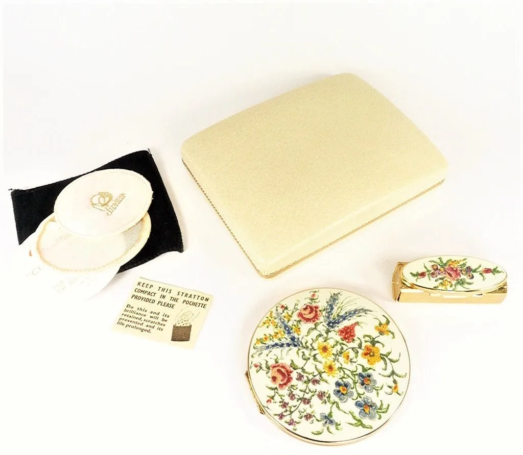 Exceptionally Rare Unused Vintage Stratton Ballotini Compact And Lipstick Vanity Set 1960s