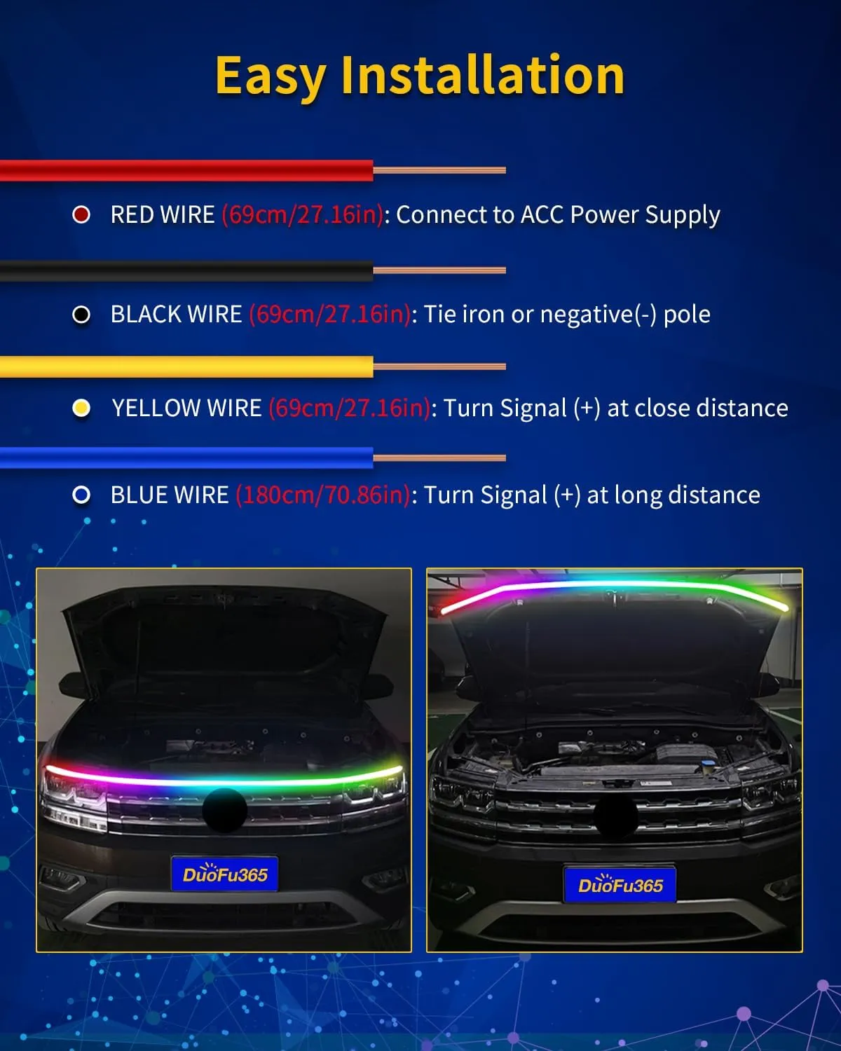 Exterior Car LED Hood Light Strip,RGB Multicolor Dynamic Scan Start Up Hoodbeam Kit l,12V Updated Waterproof Hood Glow Lights for Cars, Trucks,SUV(94 Inch)