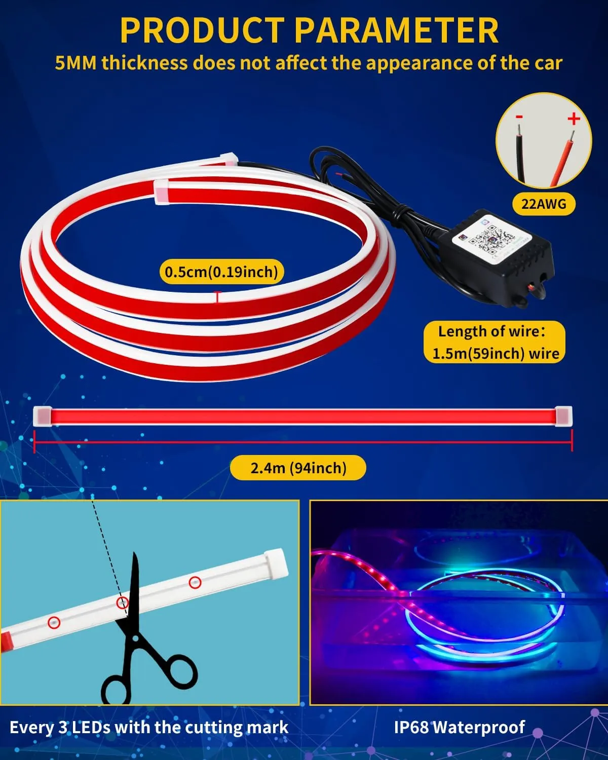 Exterior Car LED Hood Light Strip,RGB Multicolor Dynamic Scan Start Up Hoodbeam Kit l,12V Updated Waterproof Hood Glow Lights for Cars, Trucks,SUV(94 Inch)
