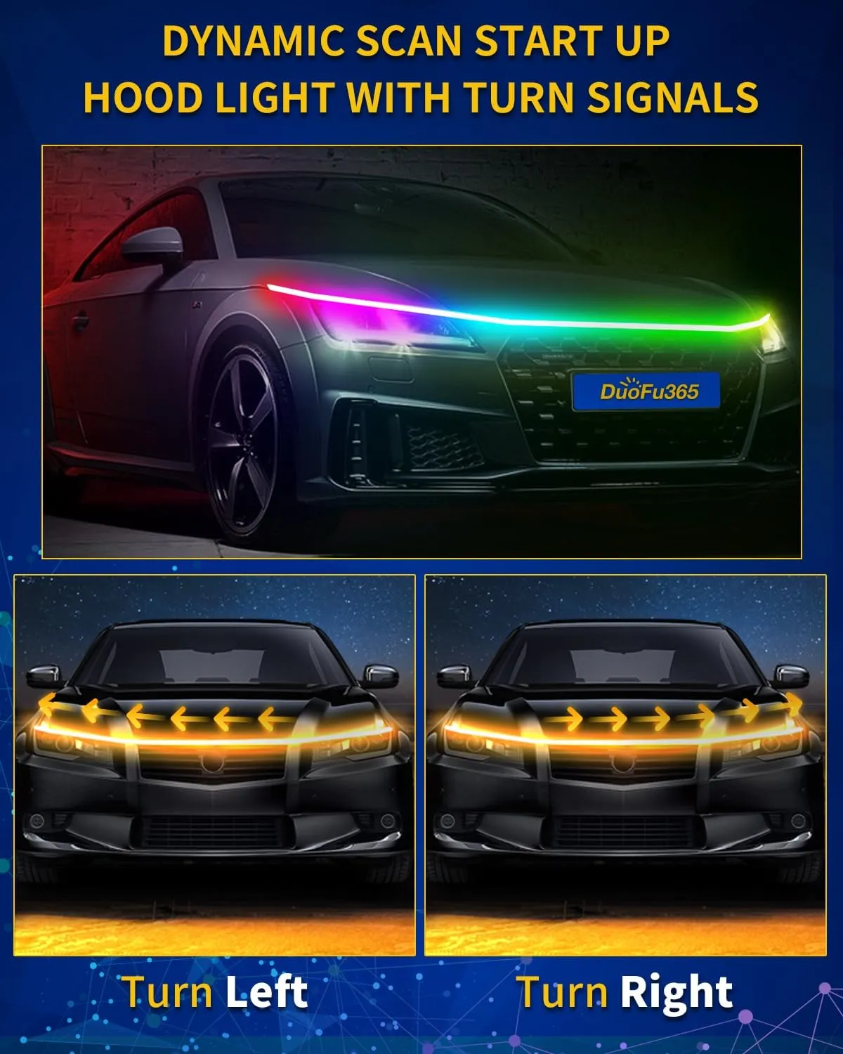 Exterior Car LED Hood Light Strip,RGB Multicolor Dynamic Scan Start Up Hoodbeam Kit l,12V Updated Waterproof Hood Glow Lights for Cars, Trucks,SUV(94 Inch)