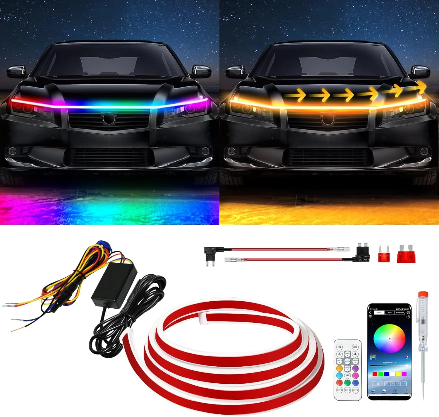 Exterior Car LED Hood Light Strip,RGB Multicolor Dynamic Scan Start Up Hoodbeam Kit l,12V Updated Waterproof Hood Glow Lights for Cars, Trucks,SUV(94 Inch)