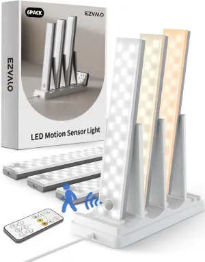 EZVALO 6-Pack Under Cabinet Lighting with Charging Station, Rechargeable Motion Sensor Lights, 3 Color Temps, Dimmable 62 LED Wireless Motion Activated Cabinet Lights with Remote for Kitchen,Pantry