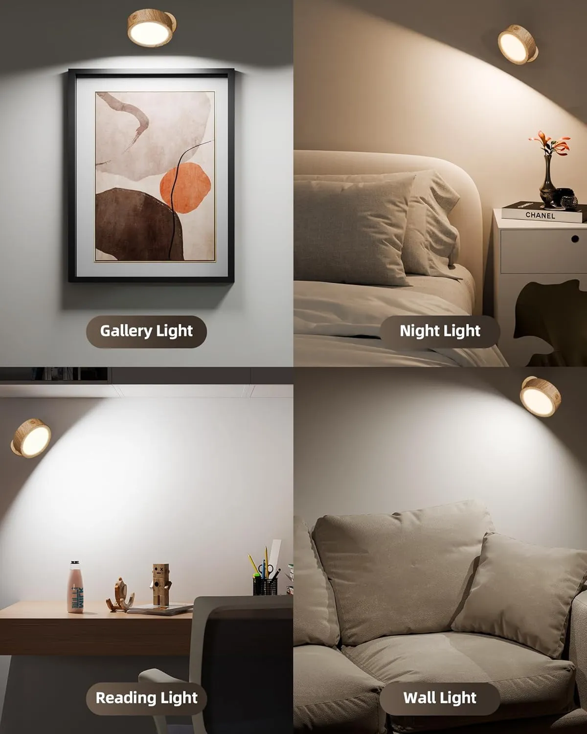 EZVALO LED Wall Mounted Lights, 5500mAh Rechargeable Wall Sconces Lamp, 3 Color Temps & Remote and Touch Control, 360°Rotation Dimmable Cordless Wall Light Burlywood (2 Pack)