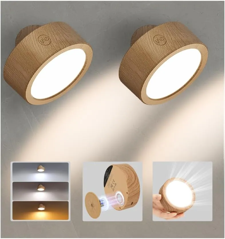 EZVALO LED Wall Mounted Lights, 5500mAh Rechargeable Wall Sconces Lamp, 3 Color Temps & Remote and Touch Control, 360°Rotation Dimmable Cordless Wall Light Burlywood (2 Pack)