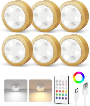 EZVALO Puck Lights with Remote,1200mAh Rechargeable Tap Light,RGB LED Display Lighting, Wireless Closet Light,Under Cabinet Lighs,Sitck On Lights for Kitchen,Closet,Pantry,Shelves(6 Packs)