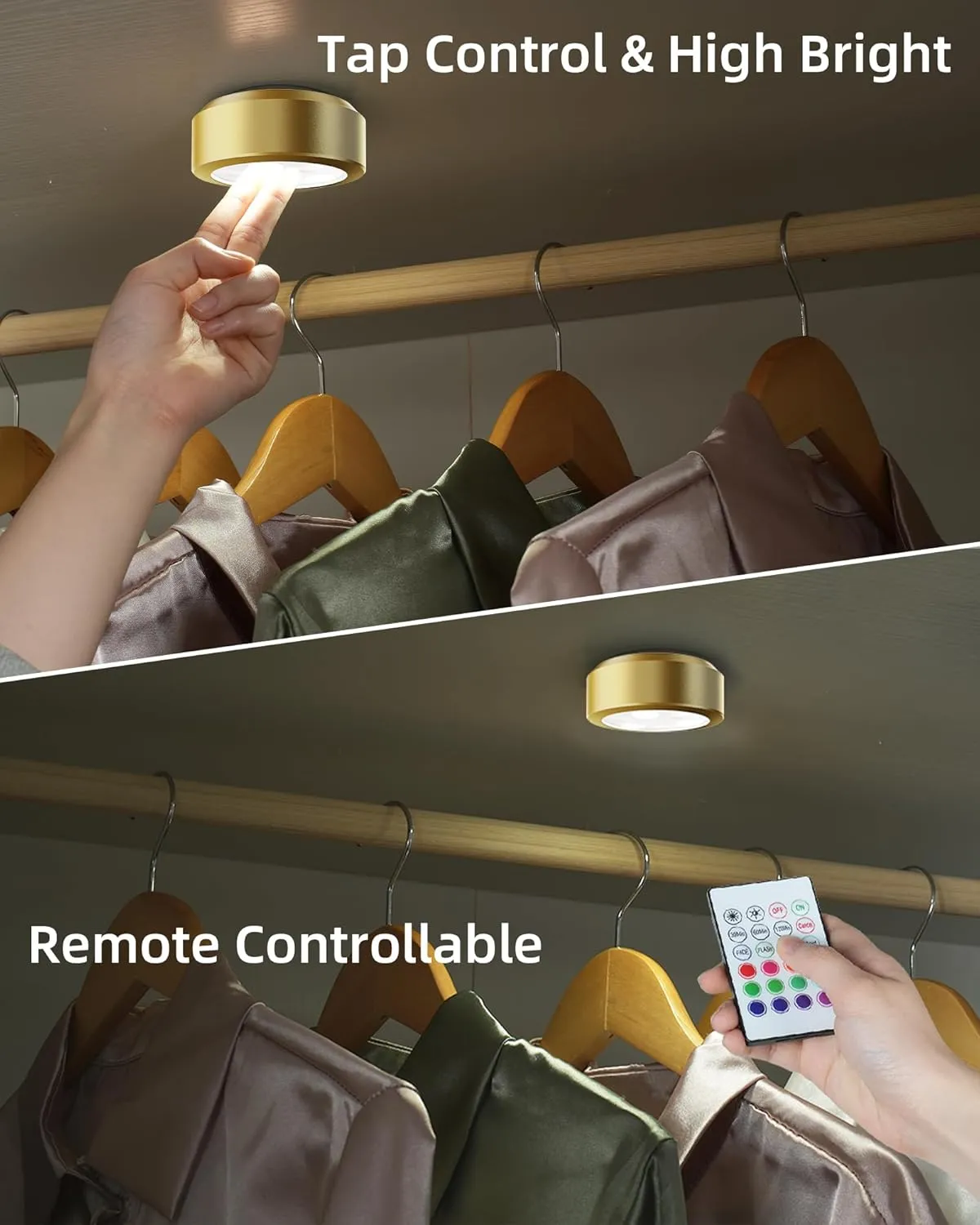 EZVALO Puck Lights with Remote,1200mAh Rechargeable Tap Light,RGB LED Display Lighting, Wireless Closet Light,Under Cabinet Lighs,Sitck On Lights for Kitchen,Closet,Pantry,Shelves(6 Packs)