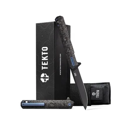 F2 Bravo Folding Pocket Knife - D2 Steel Blade, Ceramic Ball Bearings - EDC - Snap, Swift Flip for Camping, Backpacking - 2.4oz (68g), Forged Carbon Handle, Blue Titanium Accents
