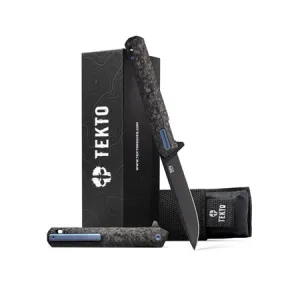 F2 Bravo Folding Pocket Knife - D2 Steel Blade, Ceramic Ball Bearings - EDC - Snap, Swift Flip for Camping, Backpacking - 2.4oz (68g), Forged Carbon Handle, Blue Titanium Accents