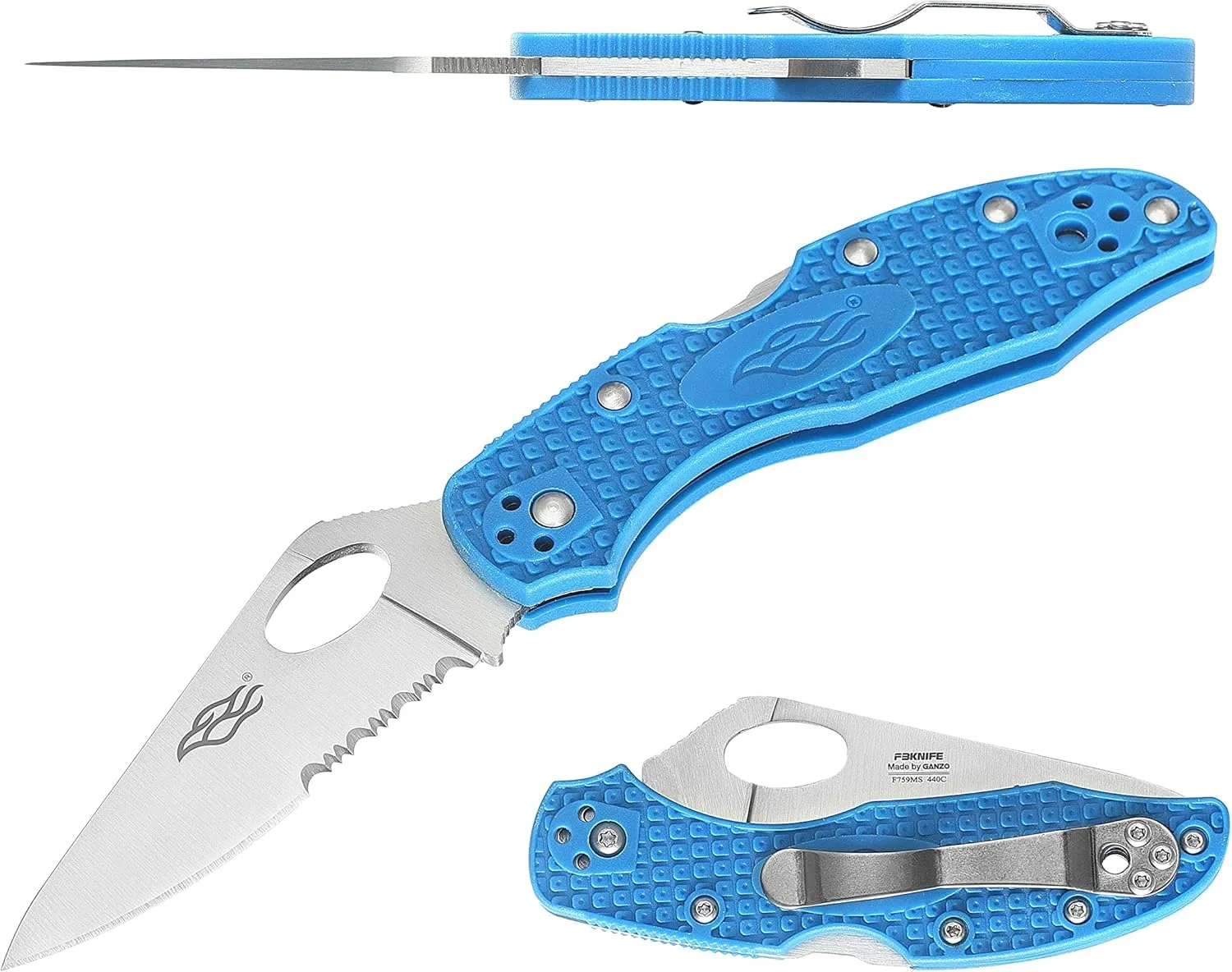 Firebird GANZO F759MS-BL Serrated Blade Folding Pocket Knife 440C Stainless Steel Serrated Blade Nylon Glass Fiber Anti-Slip Handle with Clip Fishing Camping EDC Knife (Blue)