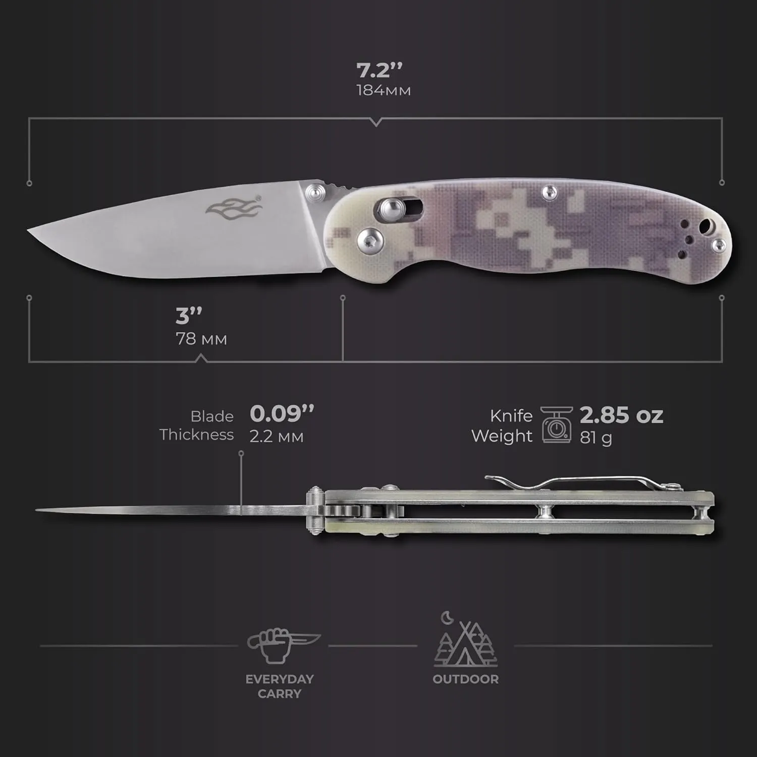 Firebird GANZO FB727S-CA Folding Pocket Knife 440C Stainless Steel Blade G10 Handle with Clip Hunting Fishing Outdoor EDC Knife (Camouflage)