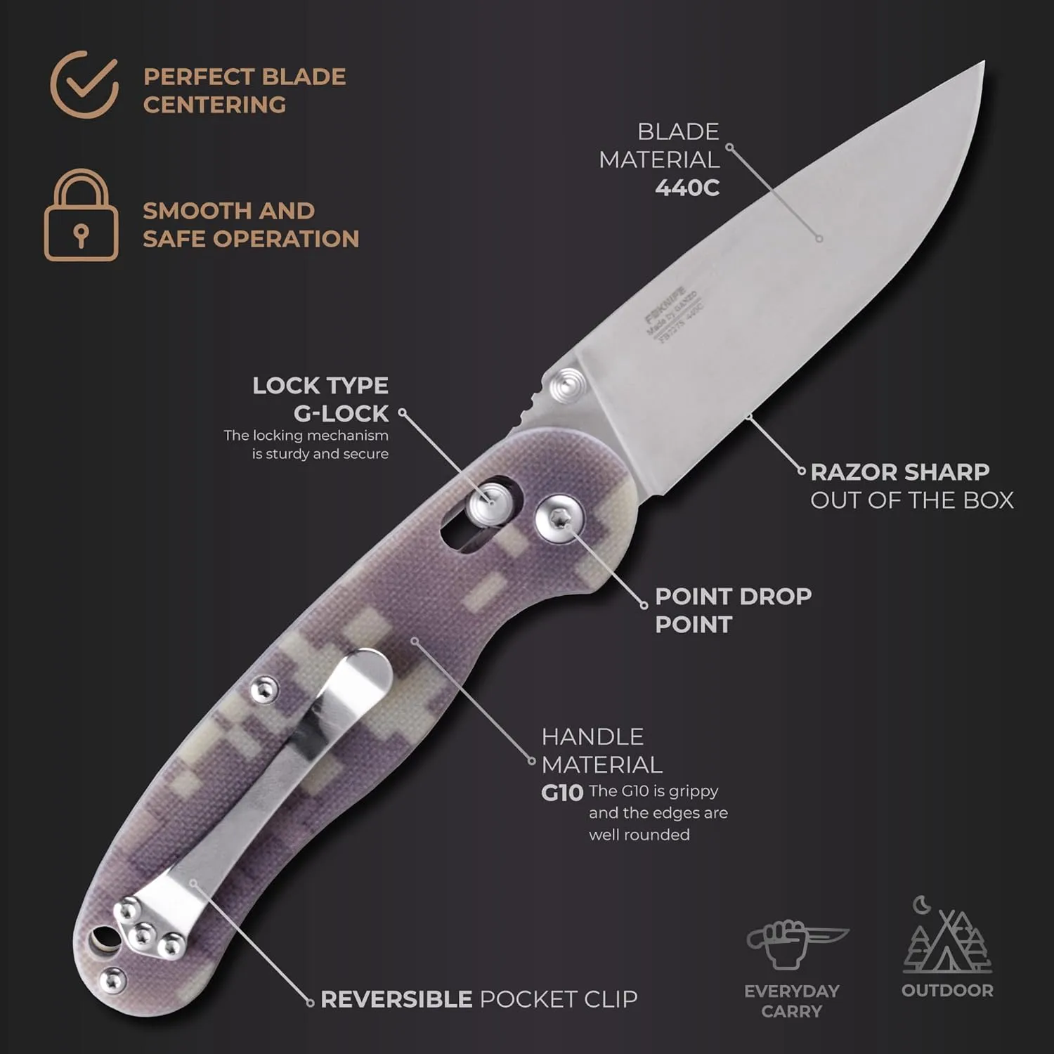 Firebird GANZO FB727S-CA Folding Pocket Knife 440C Stainless Steel Blade G10 Handle with Clip Hunting Fishing Outdoor EDC Knife (Camouflage)