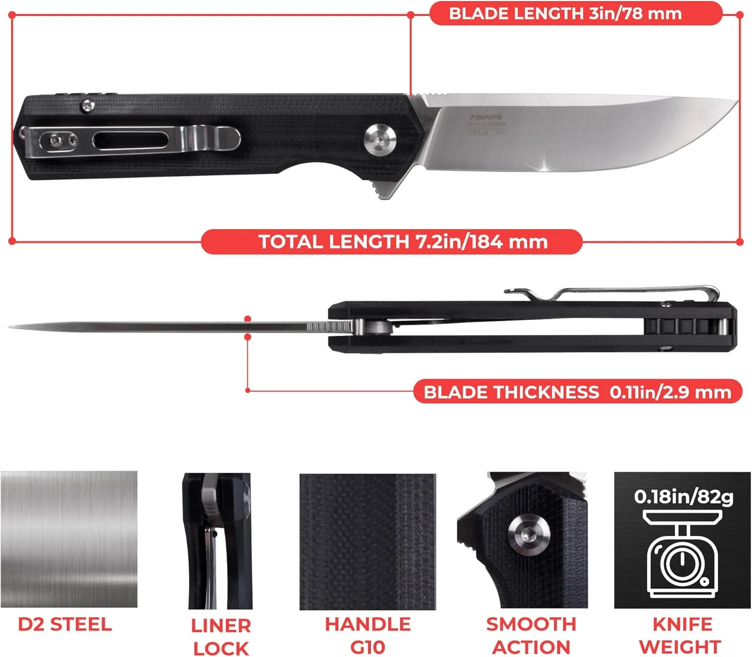 Firebird GANZO FH11S-BK Pocket Folding Knife G10 Anti-Slip Handle with Clip D2 Steel Blade Hunting Fishing Camping Gear Outdoor Folder EDC Pocket Knife (Black)