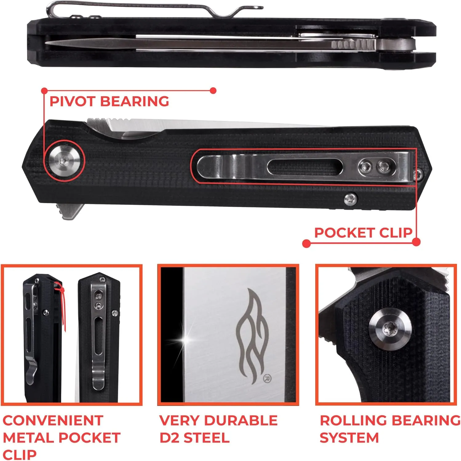 Firebird GANZO FH11S-BK Pocket Folding Knife G10 Anti-Slip Handle with Clip D2 Steel Blade Hunting Fishing Camping Gear Outdoor Folder EDC Pocket Knife (Black)