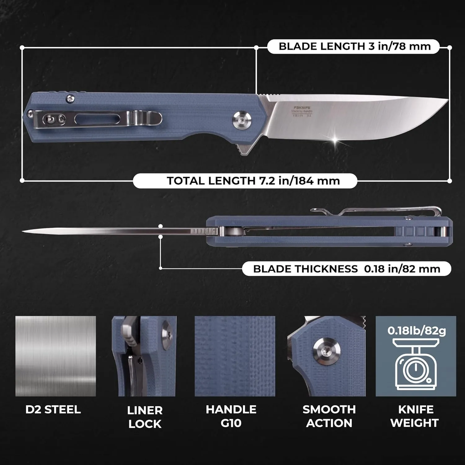 Firebird GANZO FH11S-GY Pocket Folding Knife Ball Bearing D2 Steel Blade G10 Anti-Slip Handle with Clip Hunting Fishing Gear Camping Outdoor Folder EDC Pocket Knife (Gray)
