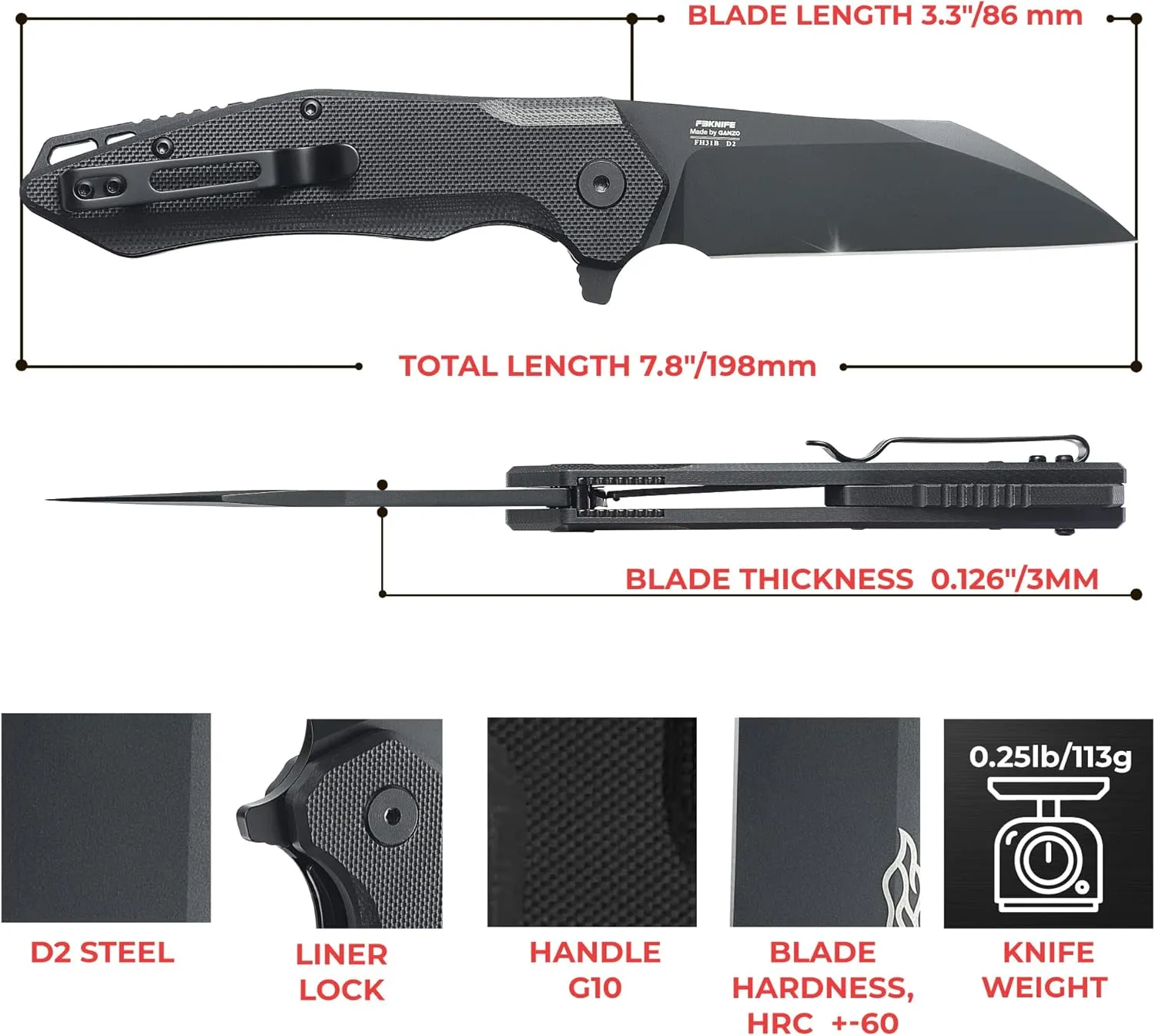 Firebird GANZO FH31 Folding Pocket Knife D2 Steel Wharncliffe Blade Ergonomic G10 Handle with Clip Hunting Fishing Flipper Camping Outdoor EDC Knife