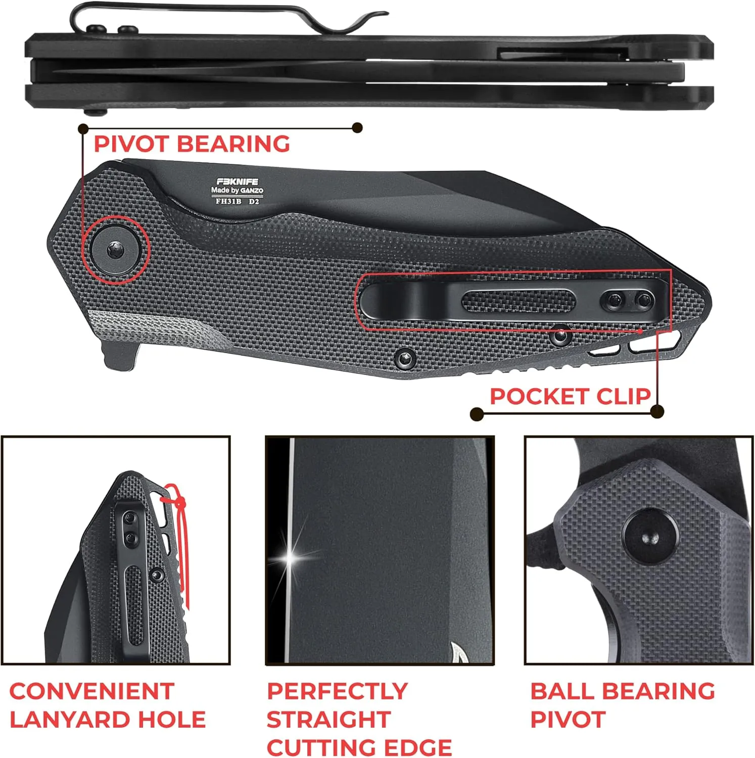 Firebird GANZO FH31 Folding Pocket Knife D2 Steel Wharncliffe Blade Ergonomic G10 Handle with Clip Hunting Fishing Flipper Camping Outdoor EDC Knife