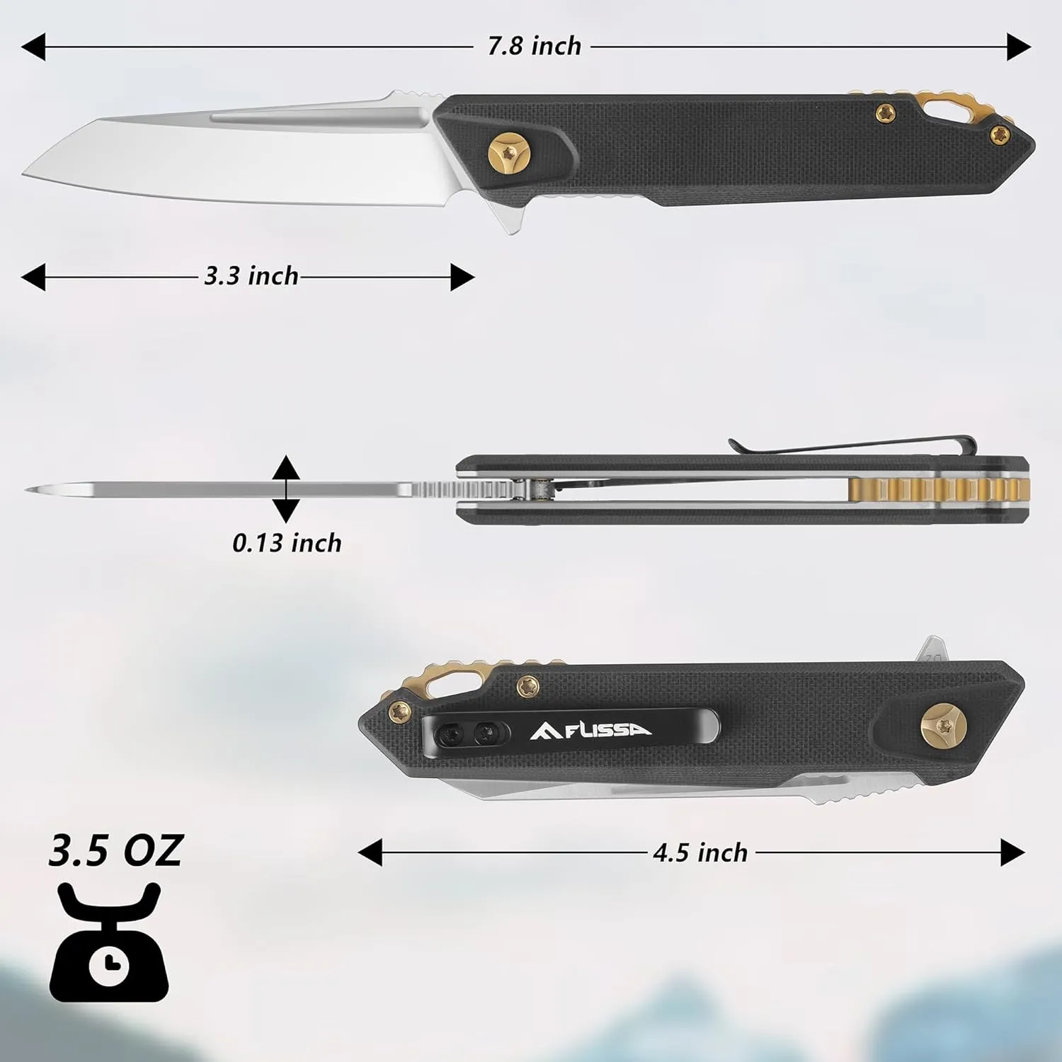 FLISSA 4.5＂ G10 handle folding knife-black, EDC Knife with D2 Steel Blade and G10 Handle, Pocket Clip, Suitable for Camping, Hiking, Fishing, Daily Use, Outdoor Activities(Black)