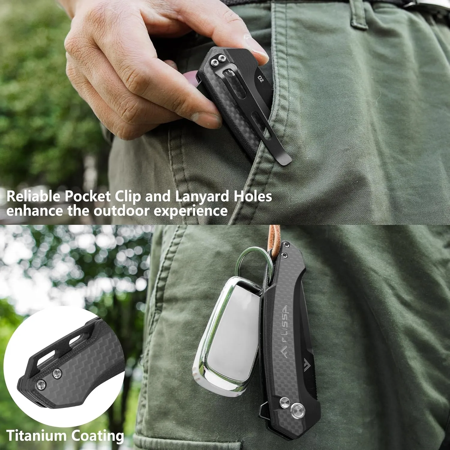 FLISSA Pocket Folding Knife, 3.2” D2 Blade Carbon Fiber Handle EDC Knife with Button Lock and Pocket Clip for Hiking, Camping, Outdoor Activities
