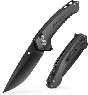 FLISSA Pocket Folding Knife, 3.2” D2 Blade Carbon Fiber Handle EDC Knife with Button Lock and Pocket Clip for Hiking, Camping, Outdoor Activities