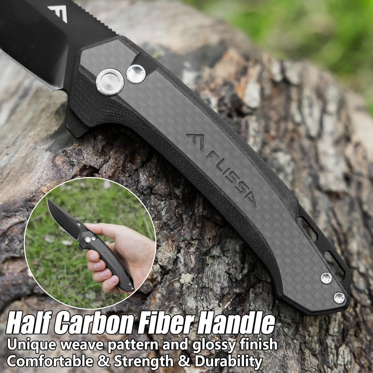 FLISSA Pocket Folding Knife, 3.2” D2 Blade Carbon Fiber Handle EDC Knife with Button Lock and Pocket Clip for Hiking, Camping, Outdoor Activities