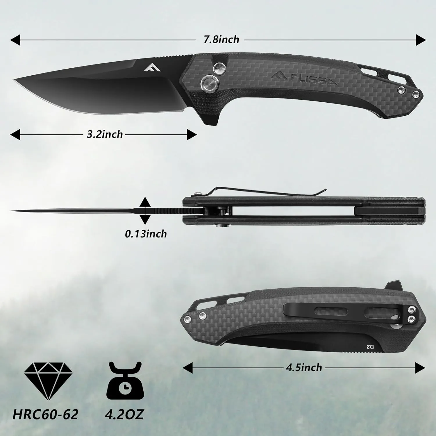 FLISSA Pocket Folding Knife, 3.2” D2 Blade Carbon Fiber Handle EDC Knife with Button Lock and Pocket Clip for Hiking, Camping, Outdoor Activities