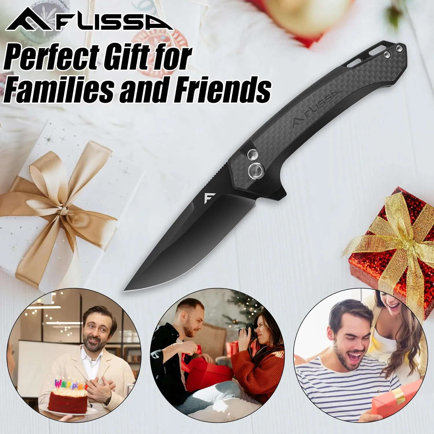 FLISSA Pocket Folding Knife, 3.2” D2 Blade Carbon Fiber Handle EDC Knife with Button Lock and Pocket Clip for Hiking, Camping, Outdoor Activities