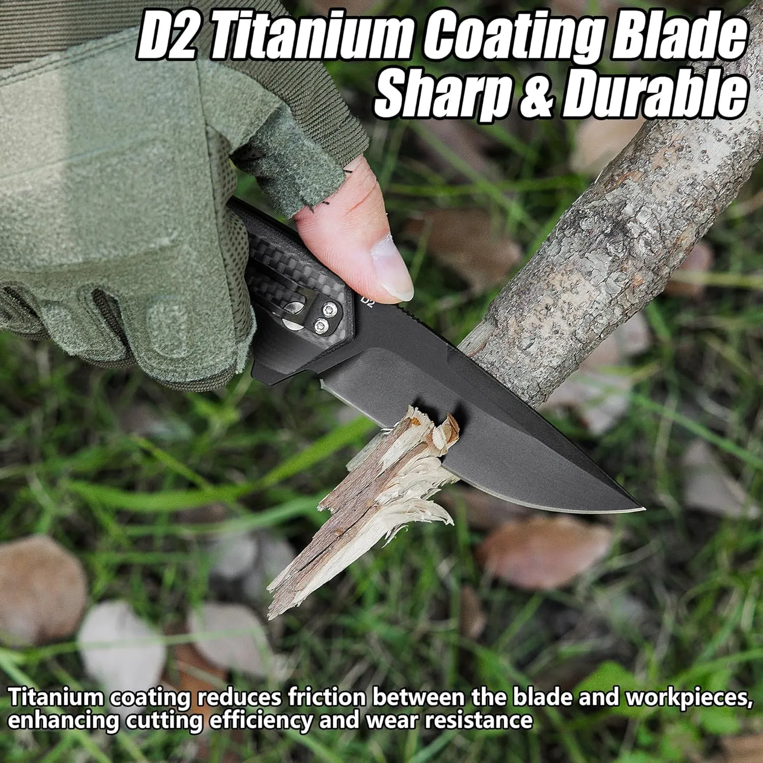 FLISSA Pocket Folding Knife, 3.2” D2 Blade Carbon Fiber Handle EDC Knife with Button Lock and Pocket Clip for Hiking, Camping, Outdoor Activities
