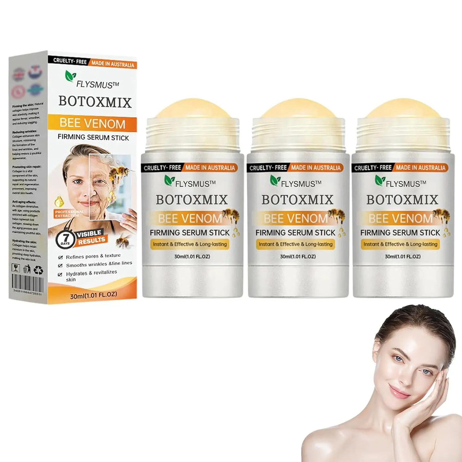 Flysmus Bee Venom Firming Serum Stick, Advanced Firming & Wrinkle-Reducing Cream, Restore Skin Elasticity, Moisturizing, Lifts, Plumps, Natural Serum for All Skin Types (3PC)