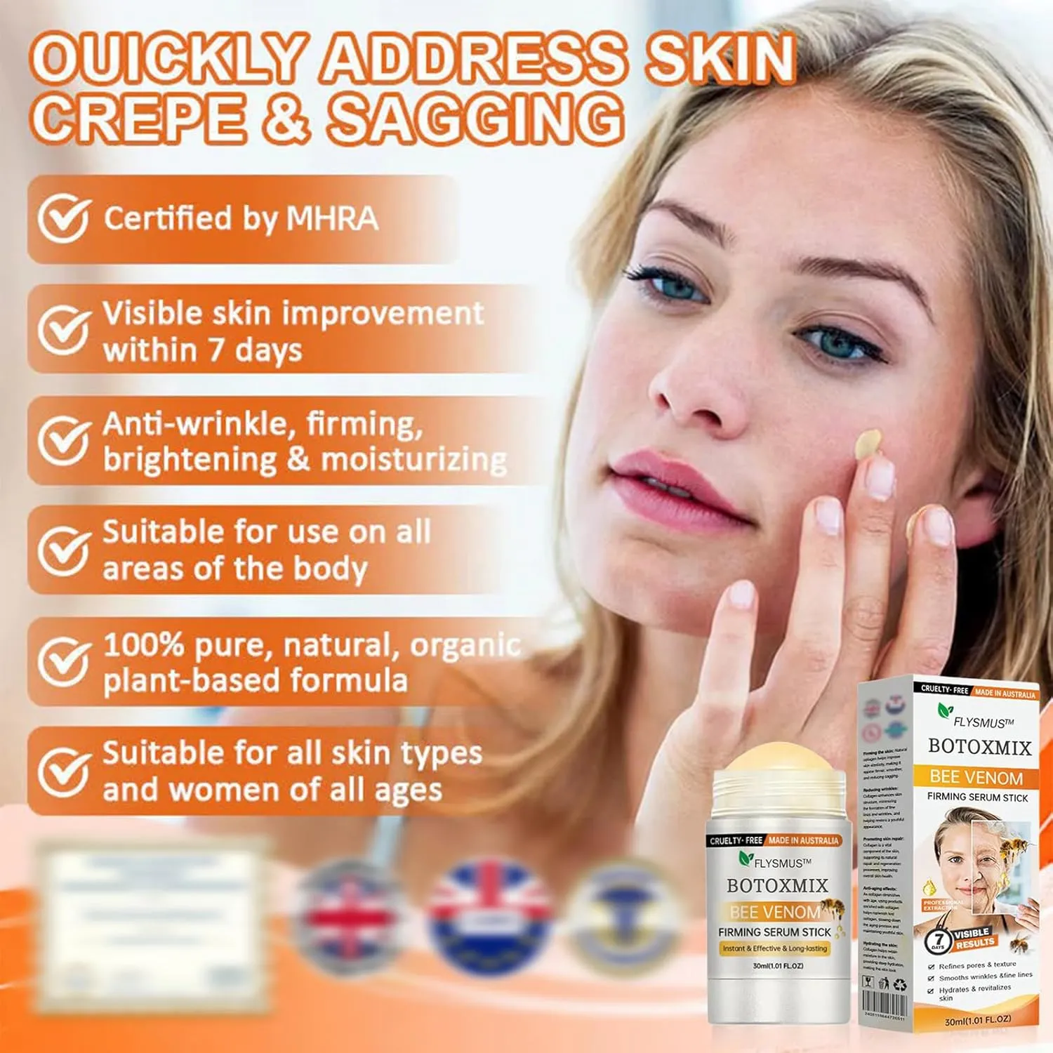 Flysmus Bee Venom Firming Serum Stick, Advanced Firming & Wrinkle-Reducing Cream, Restore Skin Elasticity, Moisturizing, Lifts, Plumps, Natural Serum for All Skin Types (3PC)